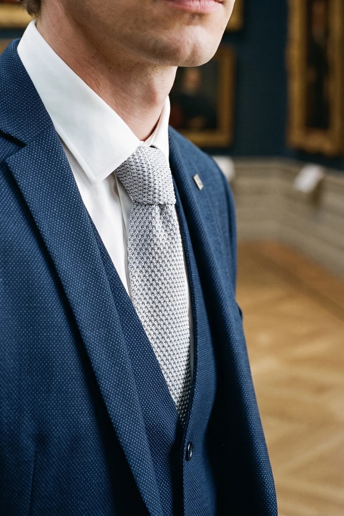Silberne Strickkrawatte aus Polyester für Herren