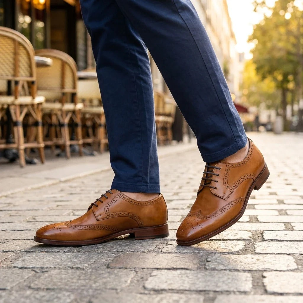 Klassische, formelle Brogue-Schnürschuhe aus hellbraunem Leder für Herren