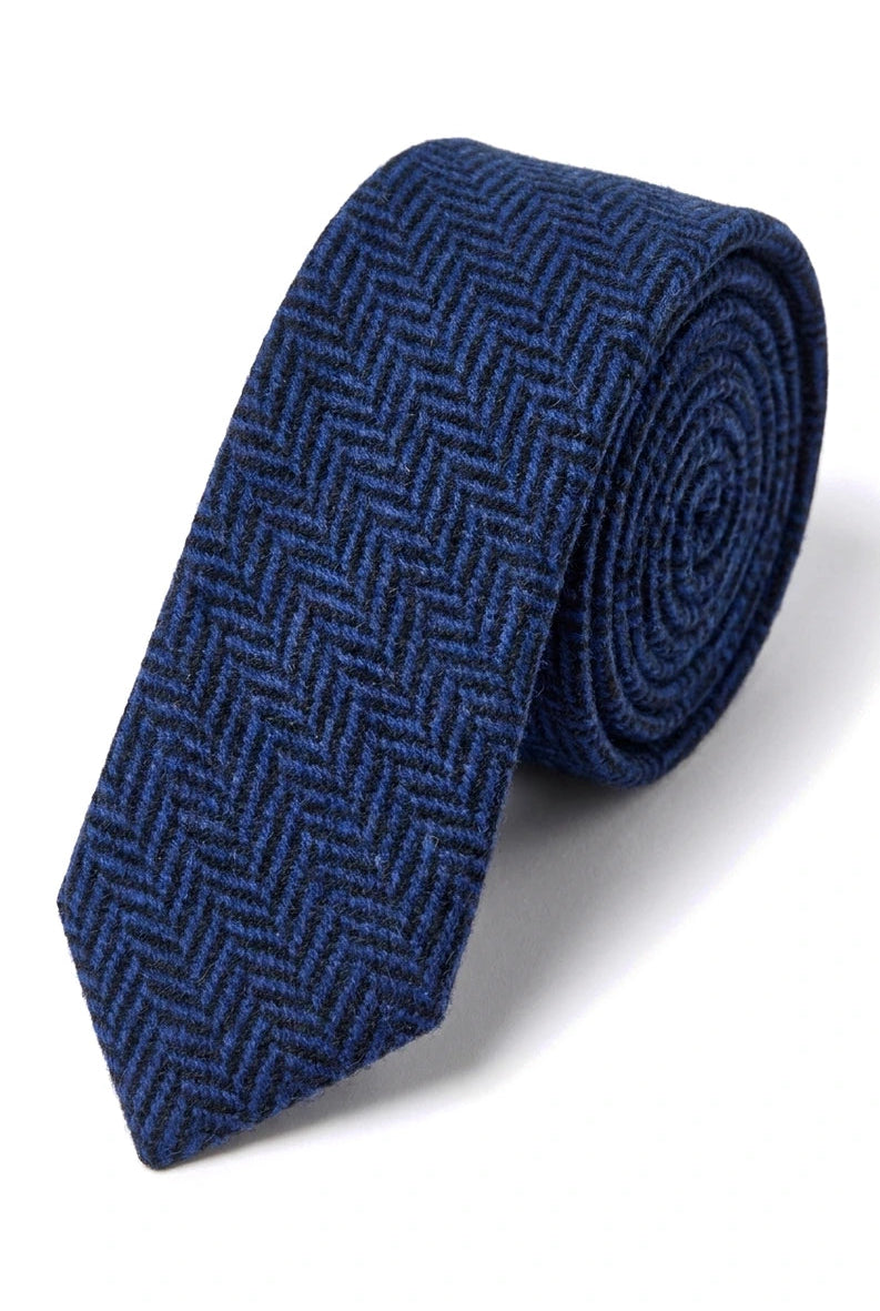 Herren Tweed Blau Krawatte Taschentuch Set Klassisches Britisches Erbe Wolle Fischgrät