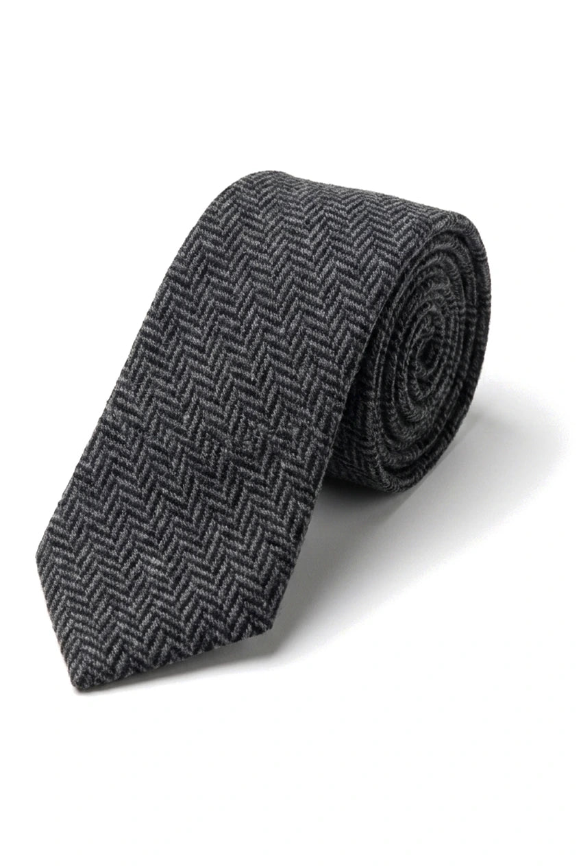 Herren Tweed Anthrazit Krawatte Taschentuch Set Klassisches Britisches Erbe Wolle Fischgrät