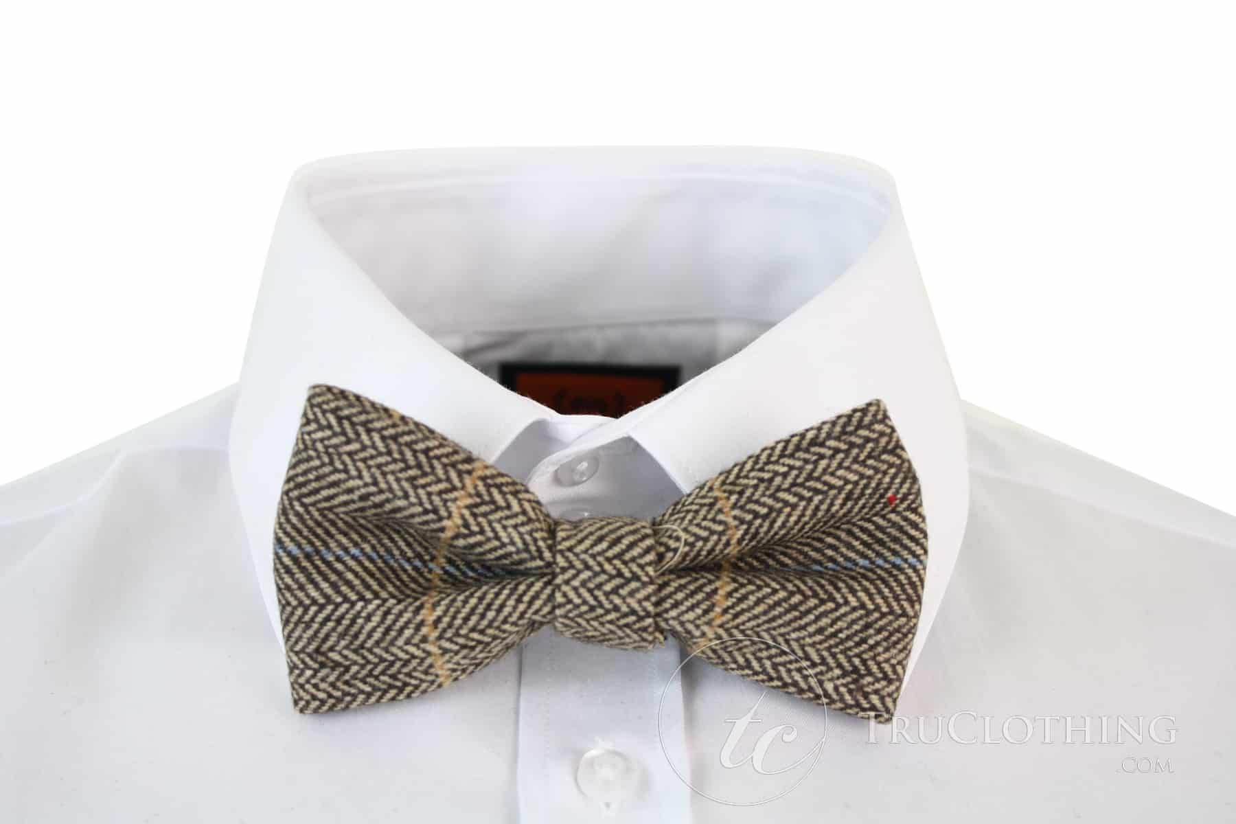 Mens Tweed Herringbone Textured Marc Darcy Bow Ties Vintage Retro Tan Brown