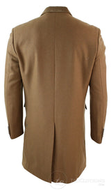 Mens Winter Over Coat 3/4 Trench Jacket Herringbone Long Velvet Trim Button-Tan