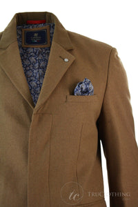 Mens Winter Over Coat 3/4 Trench Jacket Herringbone Long Velvet Trim Button-Tan