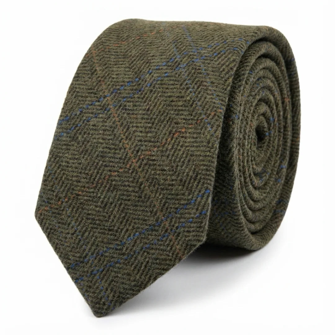 Herrenkrawatte aus Wollmischgewebe mit Fischgrätmuster und Tweed-Optik – Olivgrün