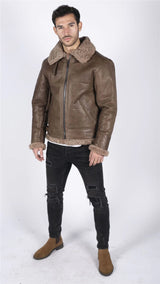 Mens Genuine Sheepskin Leather B3 Flying Aviator Vintage Brown Teddy Sheep Fur