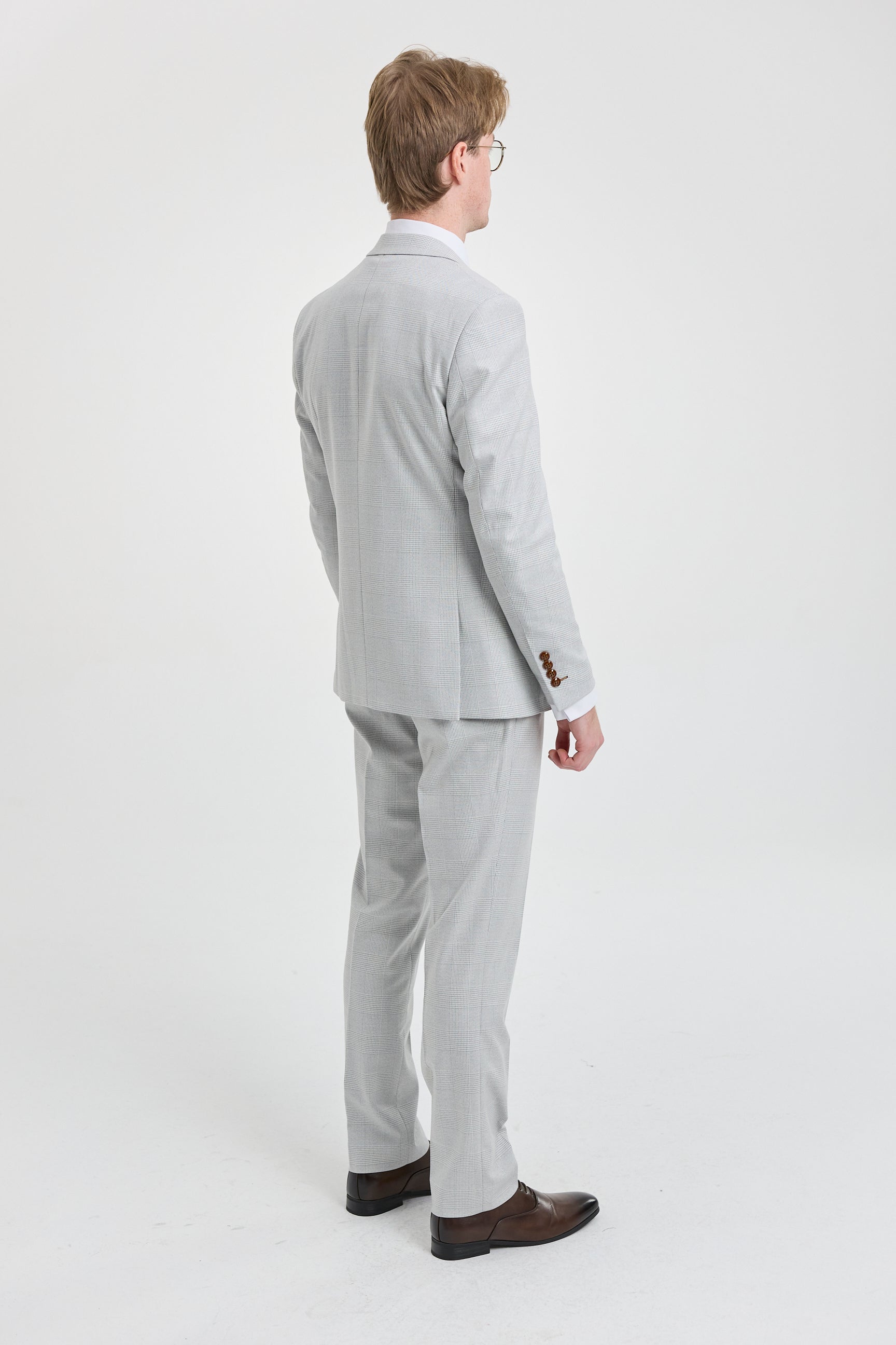 Mark Herrenanzug, dreiteilig, Tweed, kariert, mit braunem Besatz, Grau/Stein, für Hochzeiten und Abschlussbälle