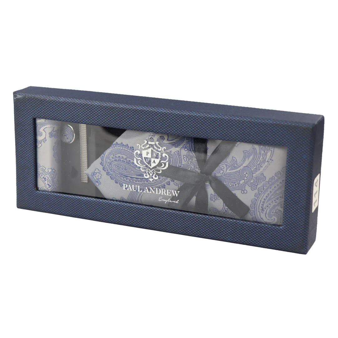 Paisley Neck Blue Tie Gift Set Pocket Square Cuff Links Floral Satin