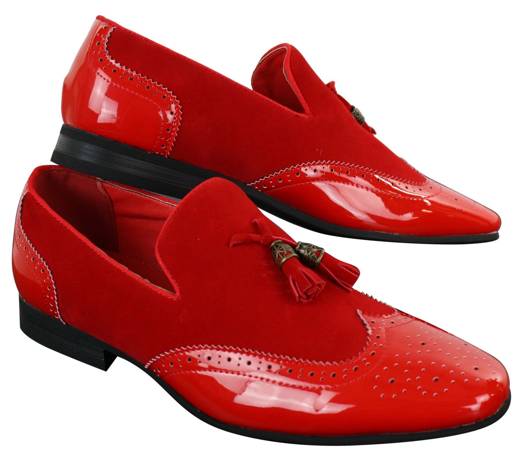 Patron 239-10 Mens Slip On Tassel Driving Shoes Shiny Black Patent Leather PU Suede Loafers