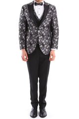 Mens Black Silver Paisley Tuxedo Suit 3 Piece Wedding Prom Party Grooms Tailored