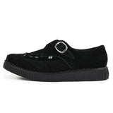 Spitz zulaufende Creeper-Plateauschuhe aus schwarzem Wildleder mit Monk-Schnalle