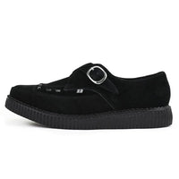 Spitz zulaufende Creeper-Plateauschuhe aus schwarzem Wildleder mit Monk-Schnalle