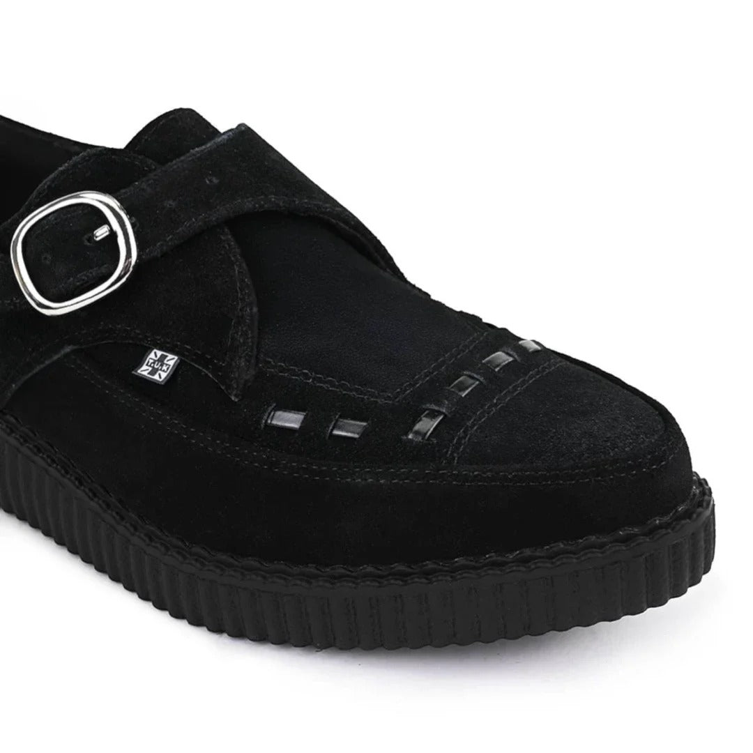 Spitz zulaufende Creeper-Plateauschuhe aus schwarzem Wildleder mit Monk-Schnalle