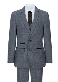 Boys 3 Piece Suit Navy Blue Tweed Check Vintage Retro Tailored Fit 1920s