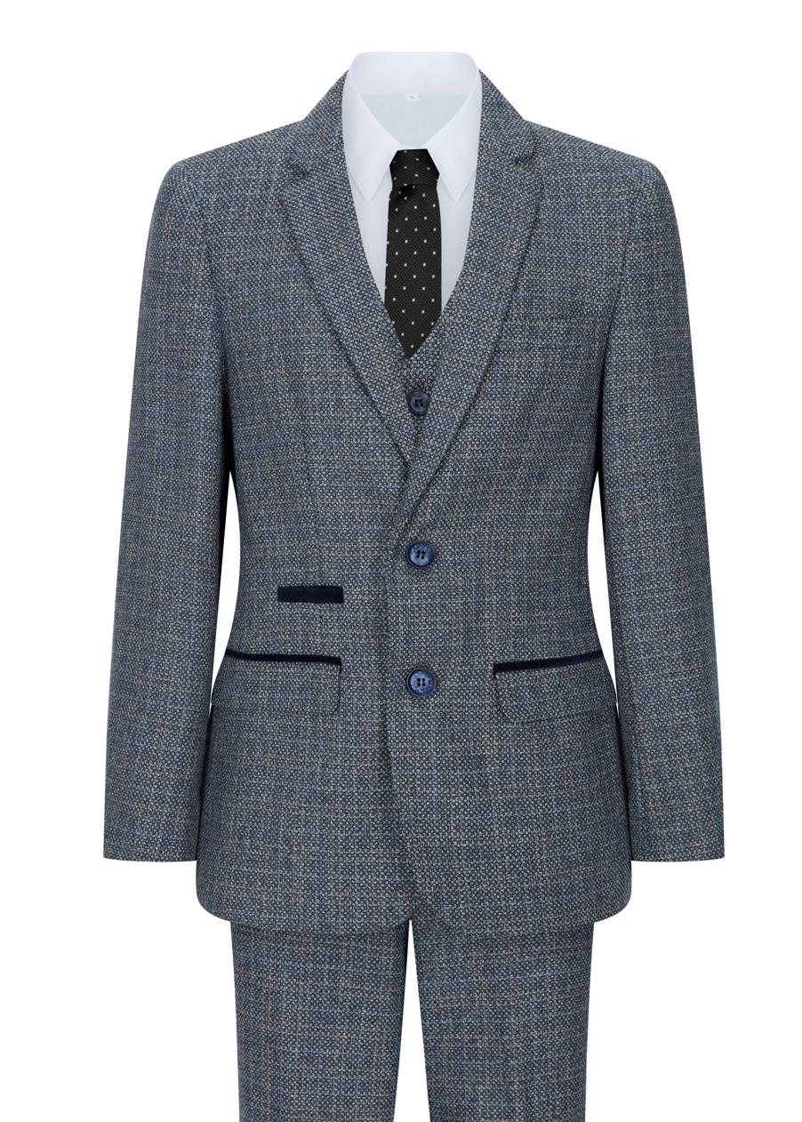 Boys 3 Piece Suit Navy Blue Tweed Check Vintage Retro Tailored Fit 1920s