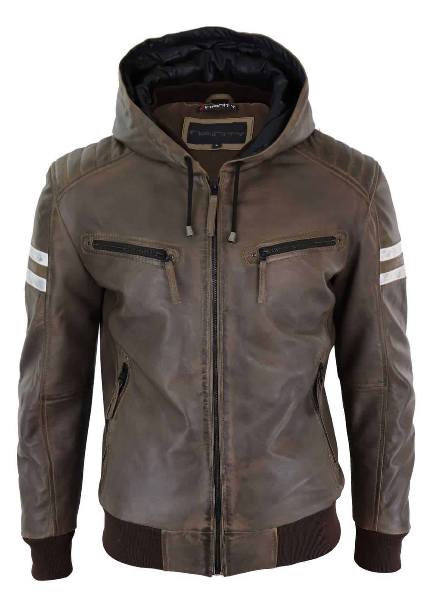 Men's Real Leather Bomber Jacket with Hood-Brown
