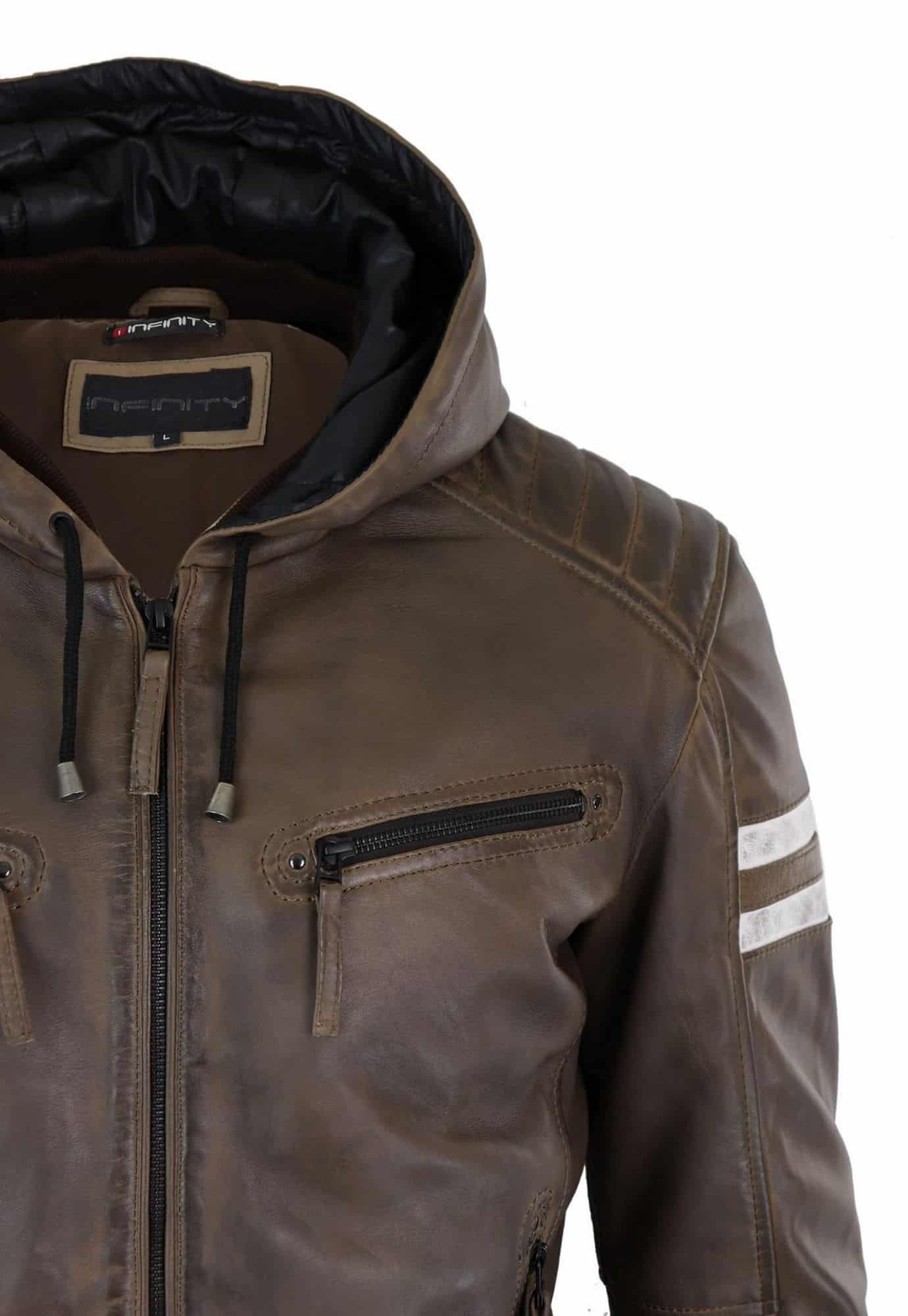 Men's Real Leather Bomber Jacket with Hood-Brown