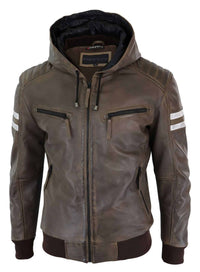 Men's Real Leather Bomber Jacket with Hood-Brown