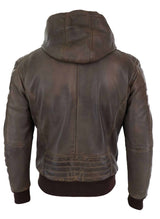 Men's Real Leather Bomber Jacket with Hood-Brown