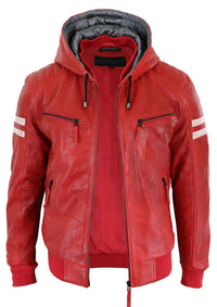 Men's Real Leather Bomber Jacket with Hood-Red