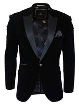 Cavani Rosa - Mens Soft Velvet Black Navy 1 Button Dinner Jacket Tuxedo Blazer Smart Casual Fit-Black