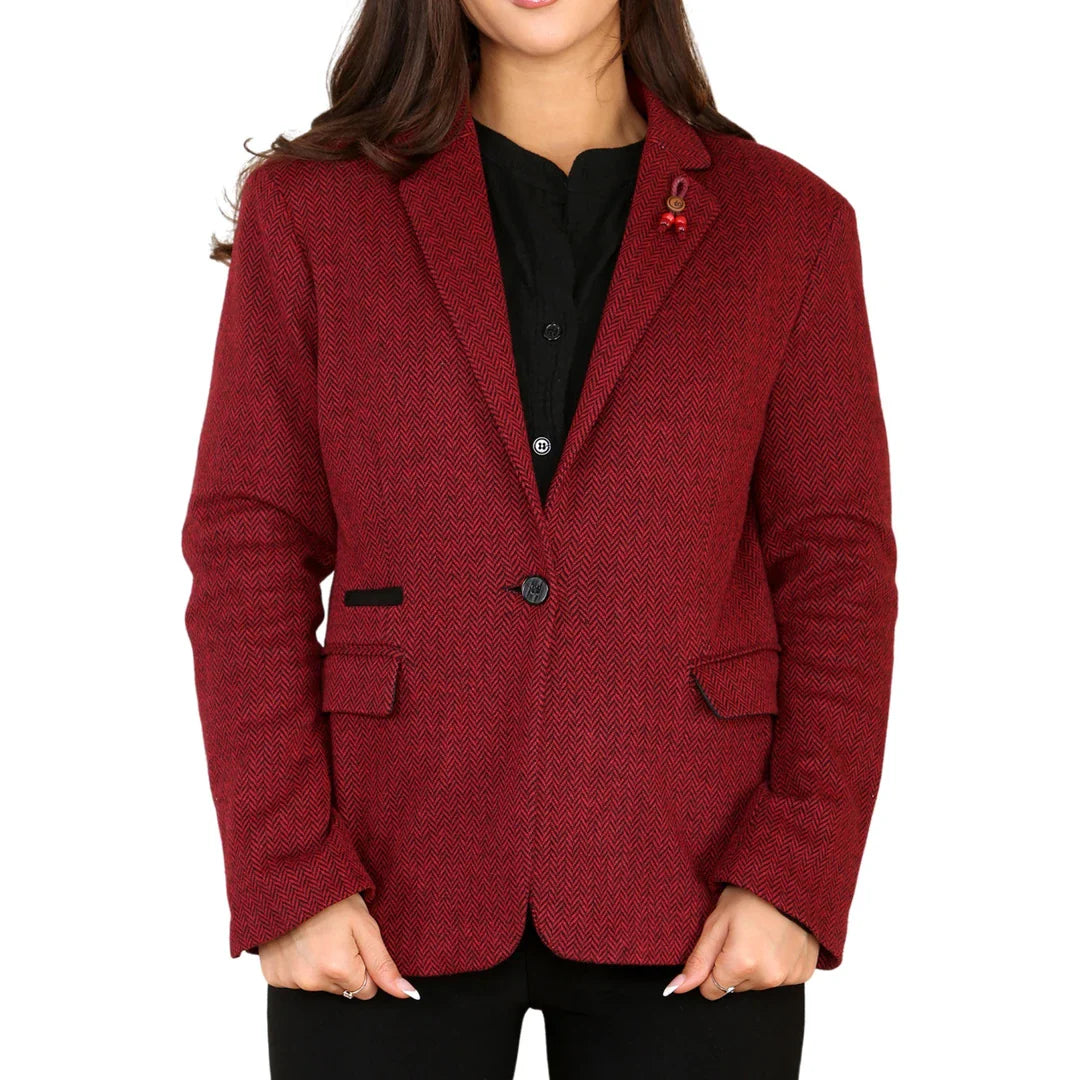 Damen-Blazer aus Tweed mit Fischgrätmuster, weinrot, klassisch im Stil der 1920er Jahre