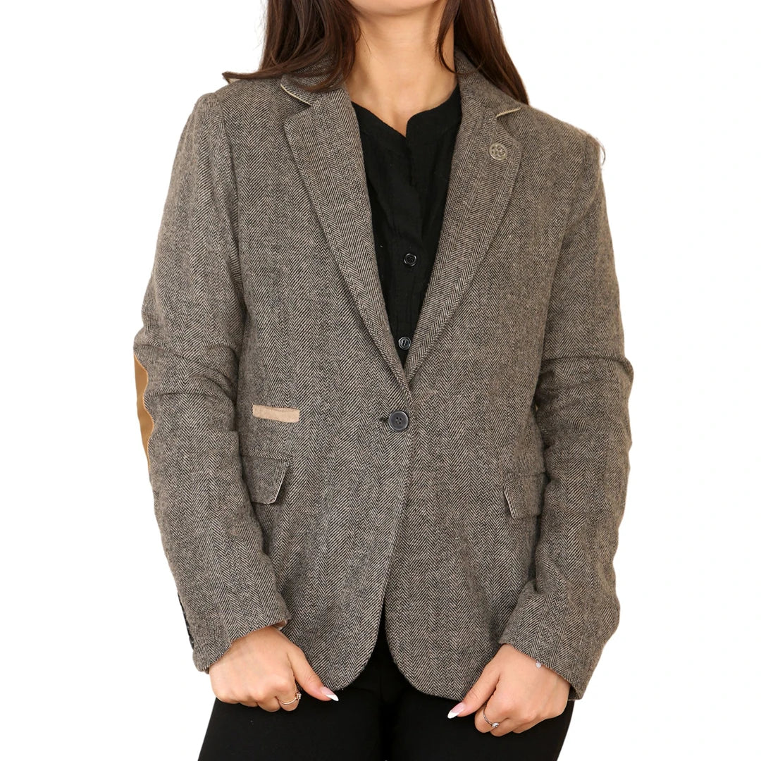 Damen-Blazer aus Fischgrät-Tweed, Eichenbraun, klassische Jacke