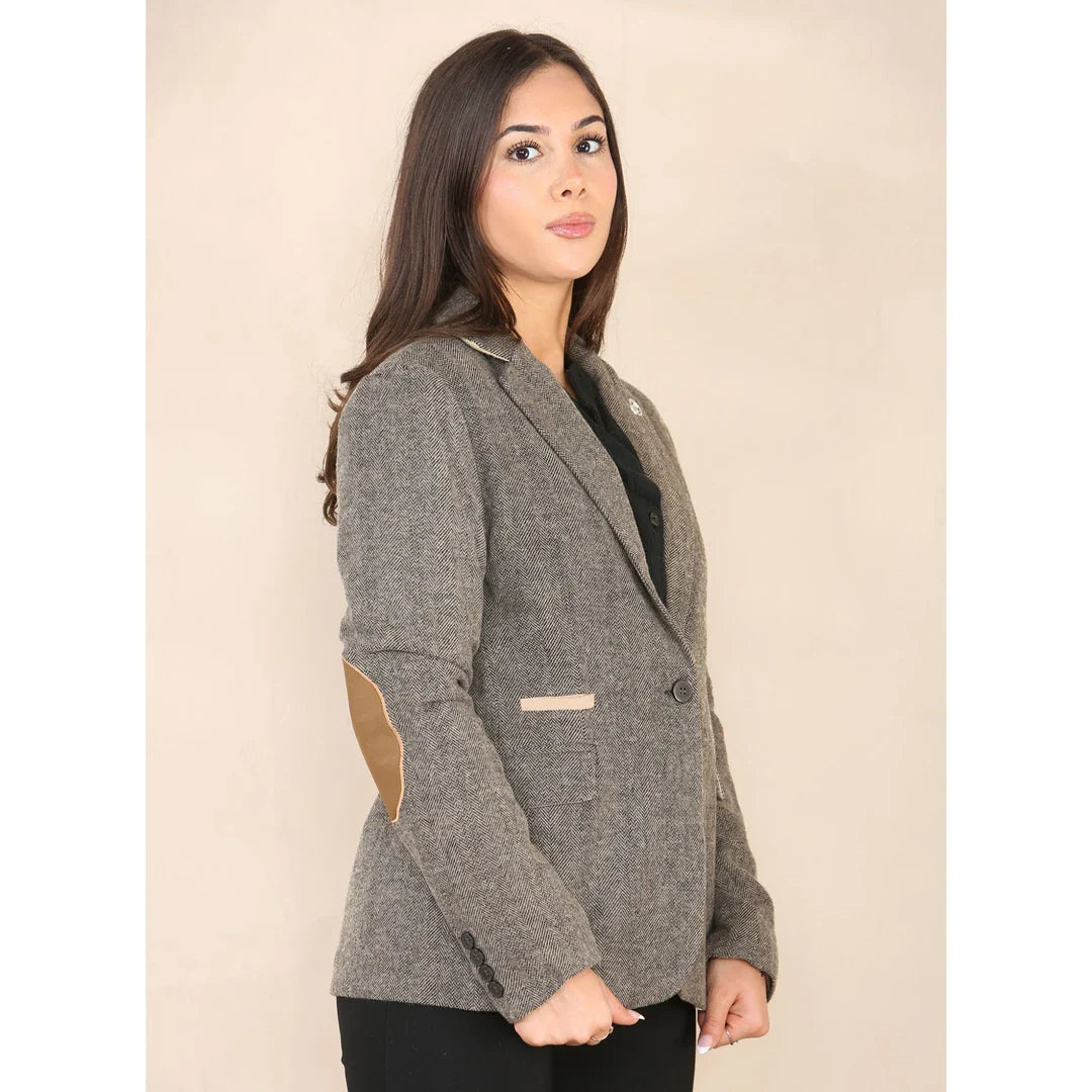 Damen-Blazer aus Fischgrät-Tweed, Eichenbraun, klassische Jacke