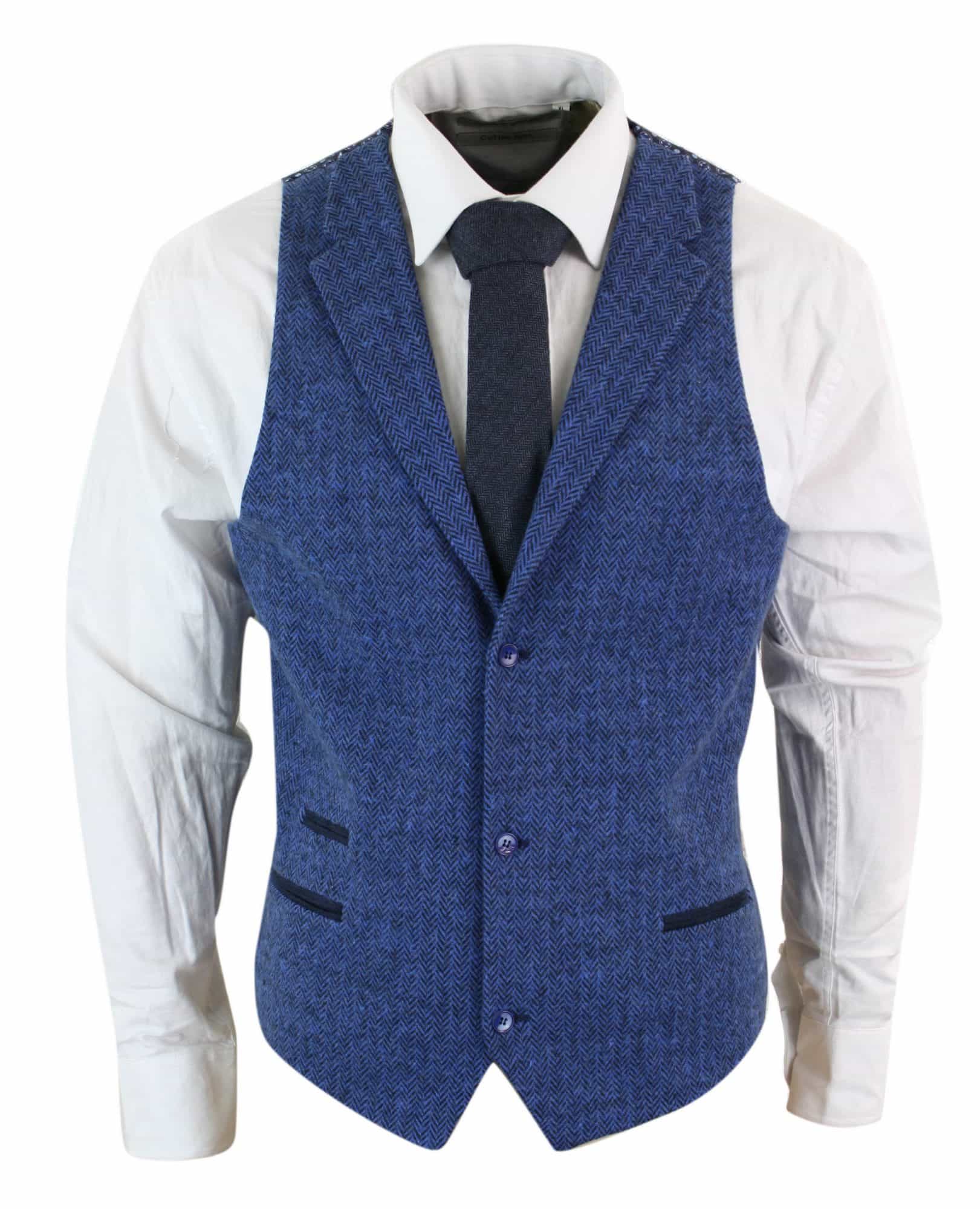 Mens Blue Waistcoat Tweed Herringbone Wool Peaky Blinders Vintage Retro