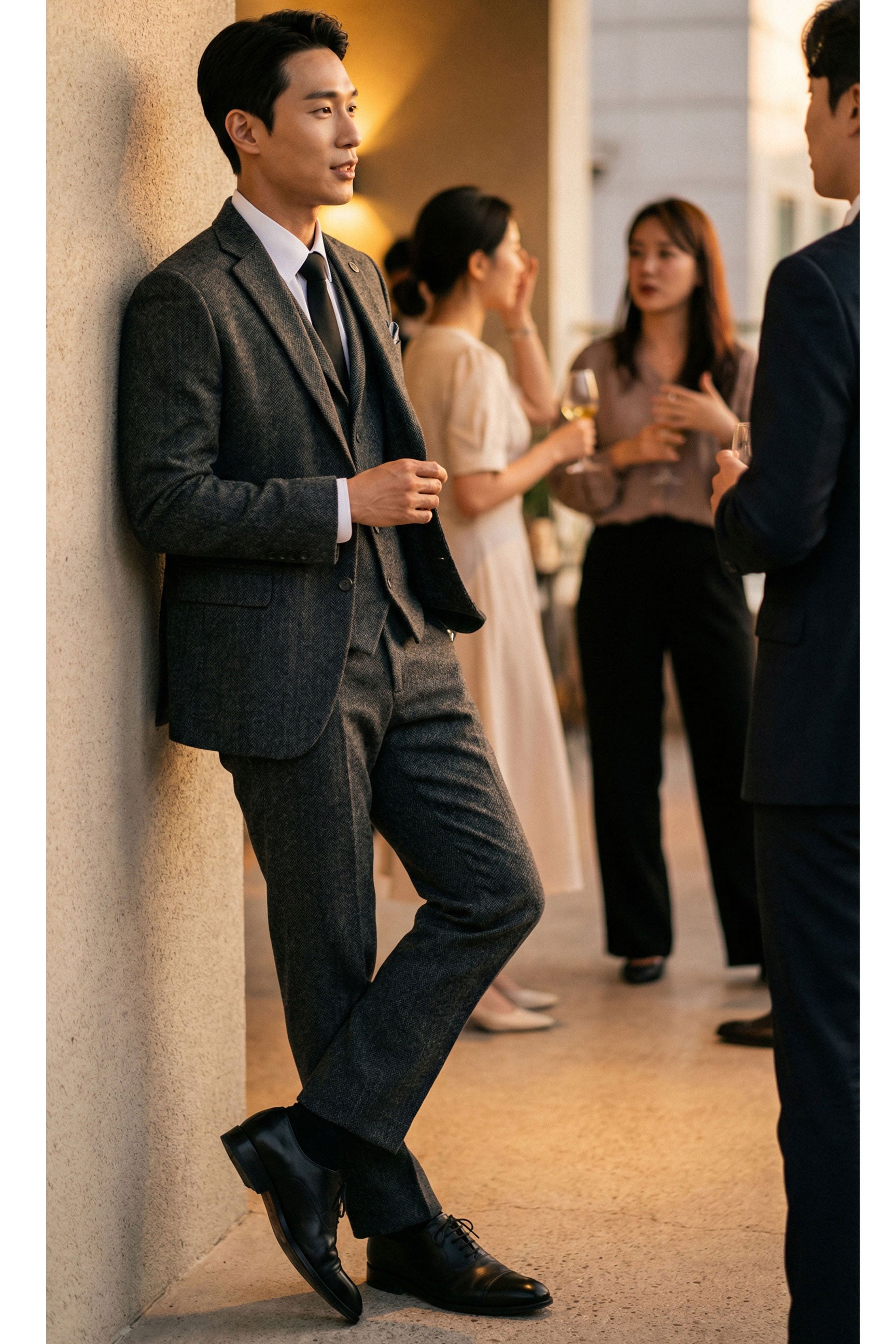 Anthrazitgrauer 3-teiliger Tweed-Anzug mit Fischgrätenmuster für Herren - STZ11