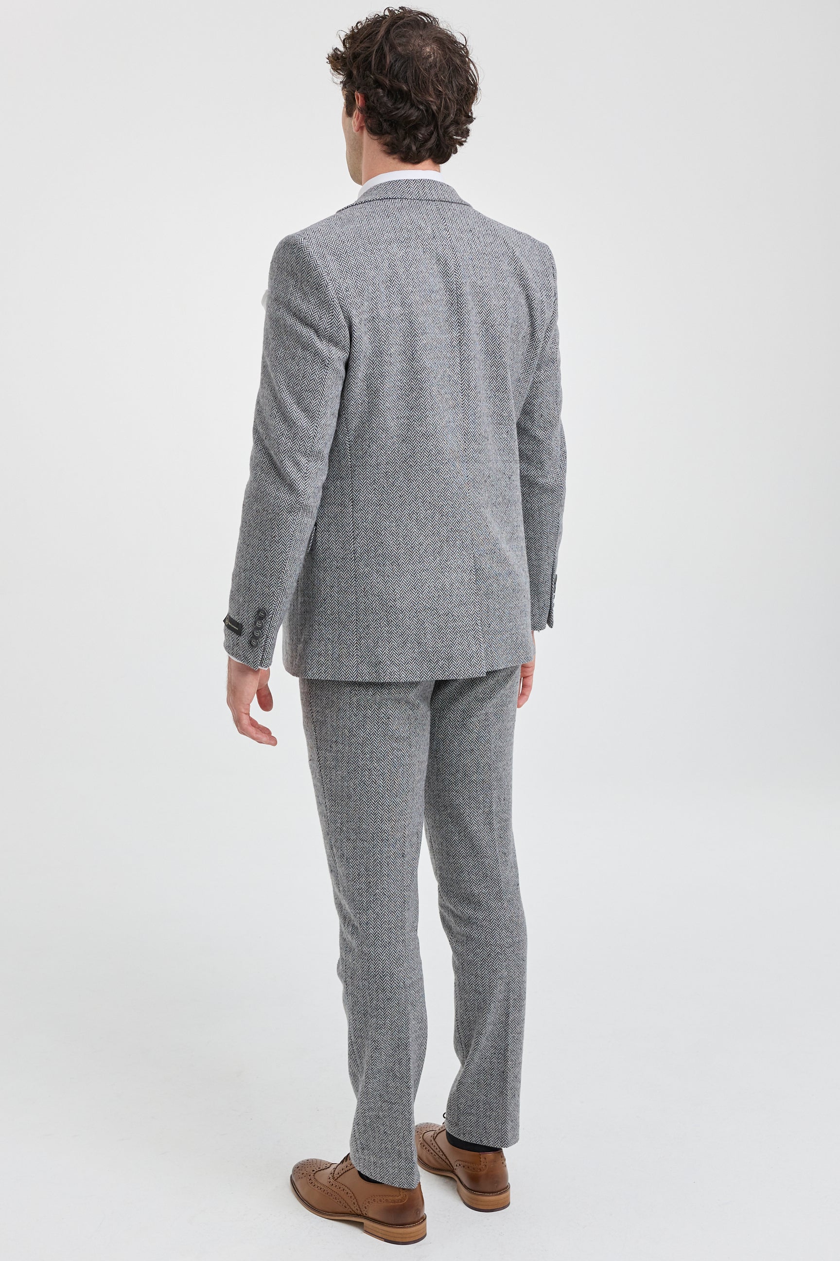 Hellgrauer 3-teiliger Tweed-Anzug mit Fischgrätenmuster für Herren - STZ11