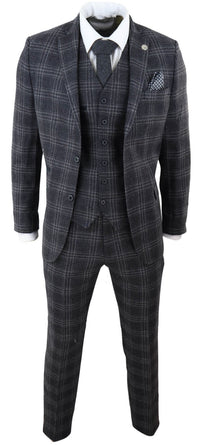 Mens Charcoal-Grey Check Tweed 3 Piece Suit