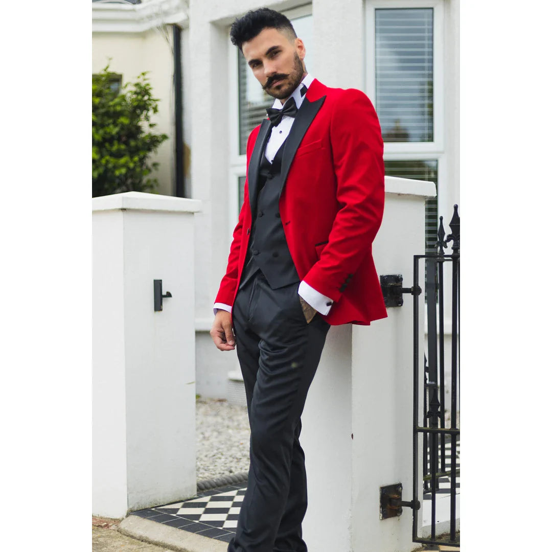 Men's Red Velvet Tux Blazer Satin Lapels Dinner Wedding Prom Black Tie