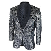 STZ64-65 - Men's Velvet Paisley Floral Blazer Silver Black Tuxedo Jacket