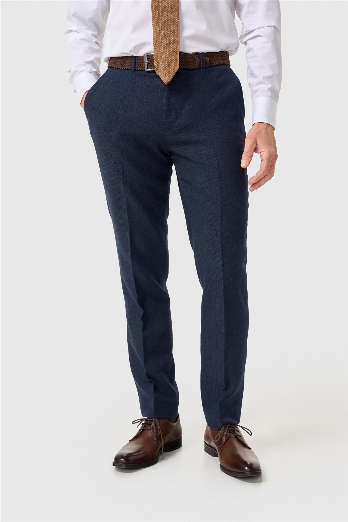 Thomas – Herrenhose aus marineblauem Wollmischgewebe mit Fischgrätmuster