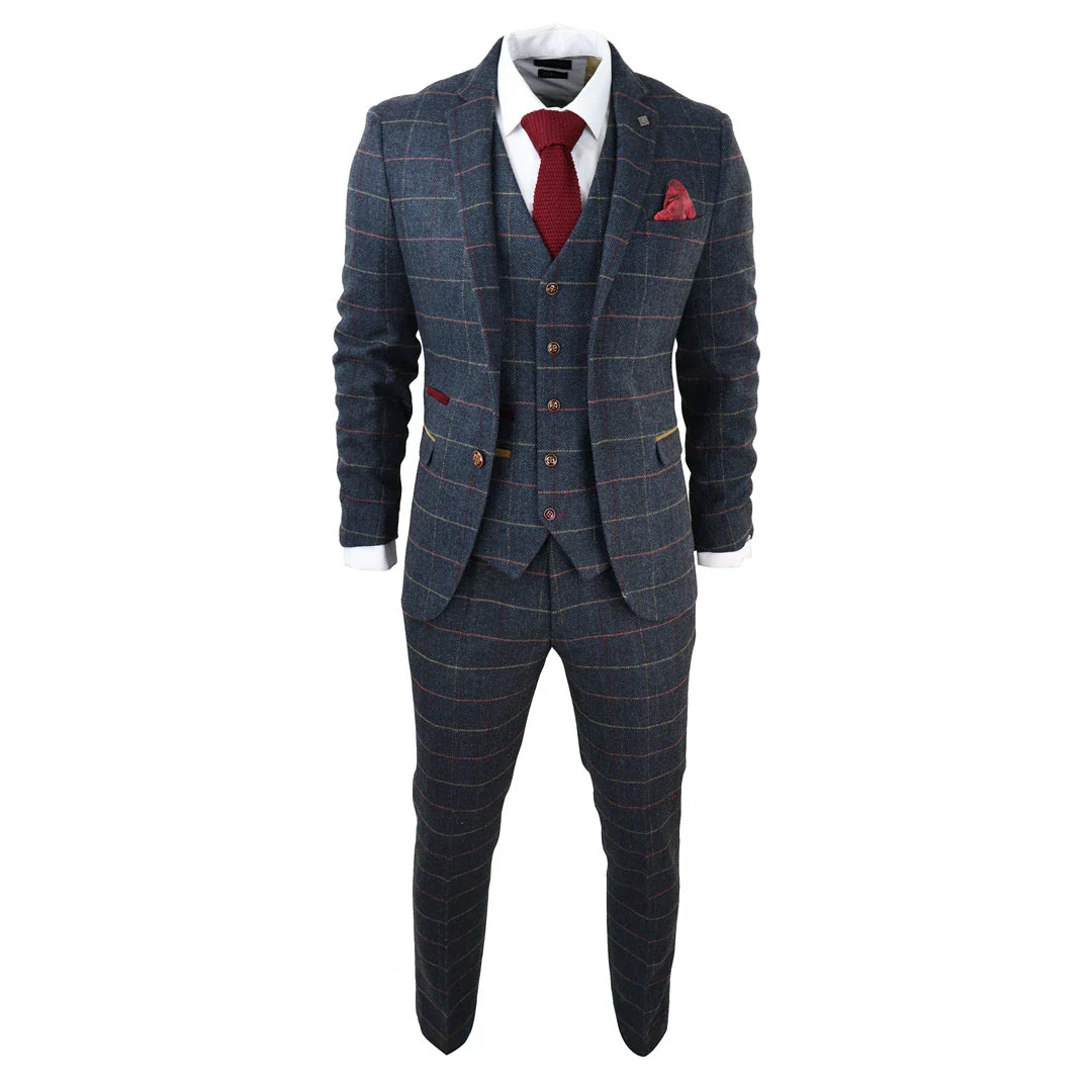 Thomas Men's Navy 3-Piece Tweed Check Suit
