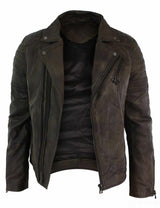 Real Leather Slim Fit Cross Zip Retro Vintage Brando Mens Jacket Vintage Biker-Brown