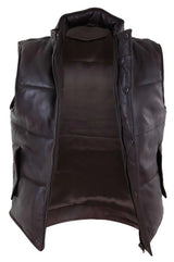 Mens Real Leather Waistcoat Gilet Quilted Puffer Design Warm Zip Casual Brown