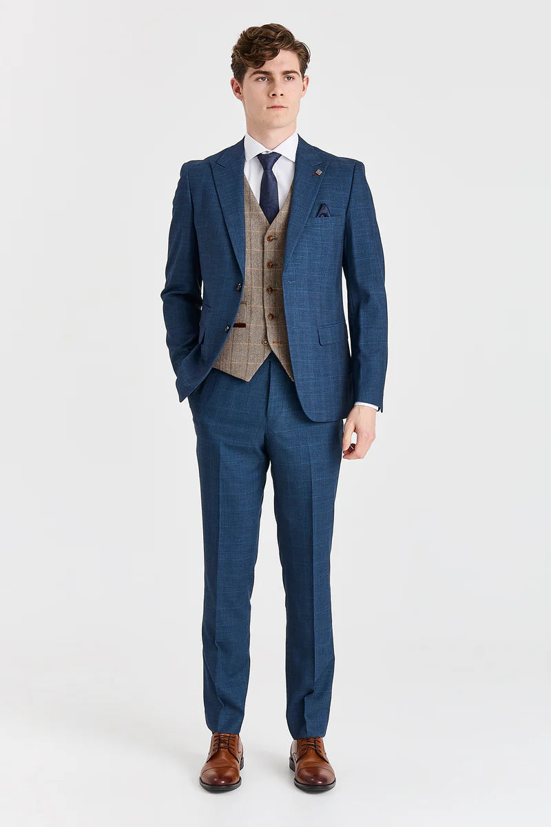 Viceroy-Anzug in Marineblau mit kontrastierender Weste aus Harris Brown Tweed