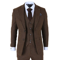 Brown pinstripe suit with a tie on a white background