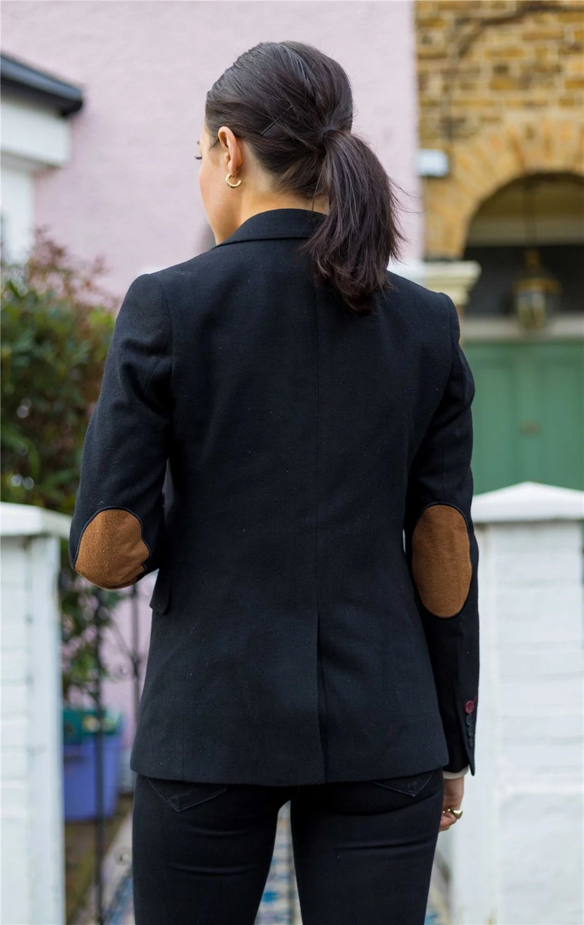 Womens  Blazer Suit Wool Tweed Elbow Patch 1920s Vintage Classic Black