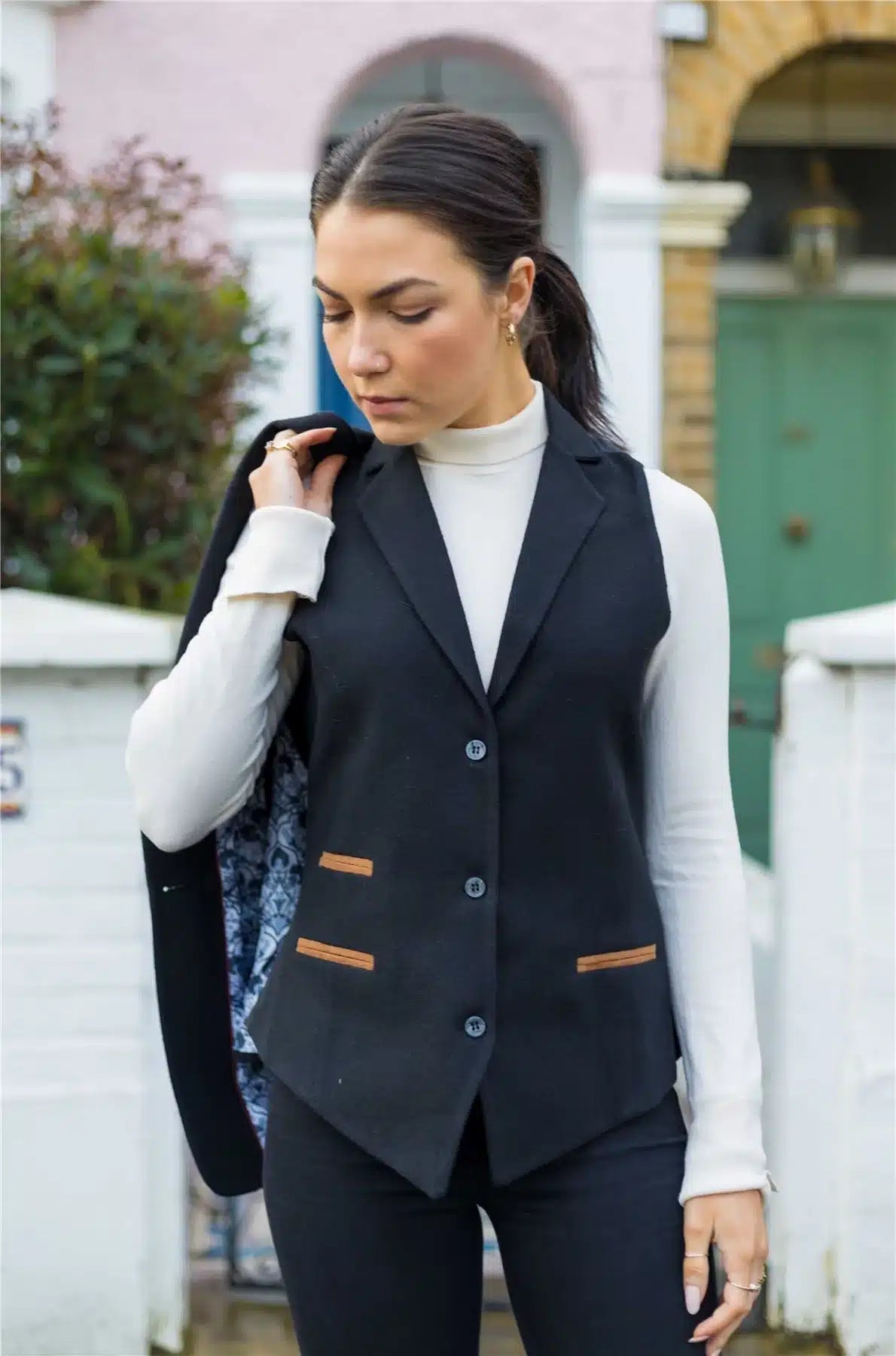 Womens Waistcoat Suit Wool Tweed Elbow Patch 1920s Vintage Classic Black