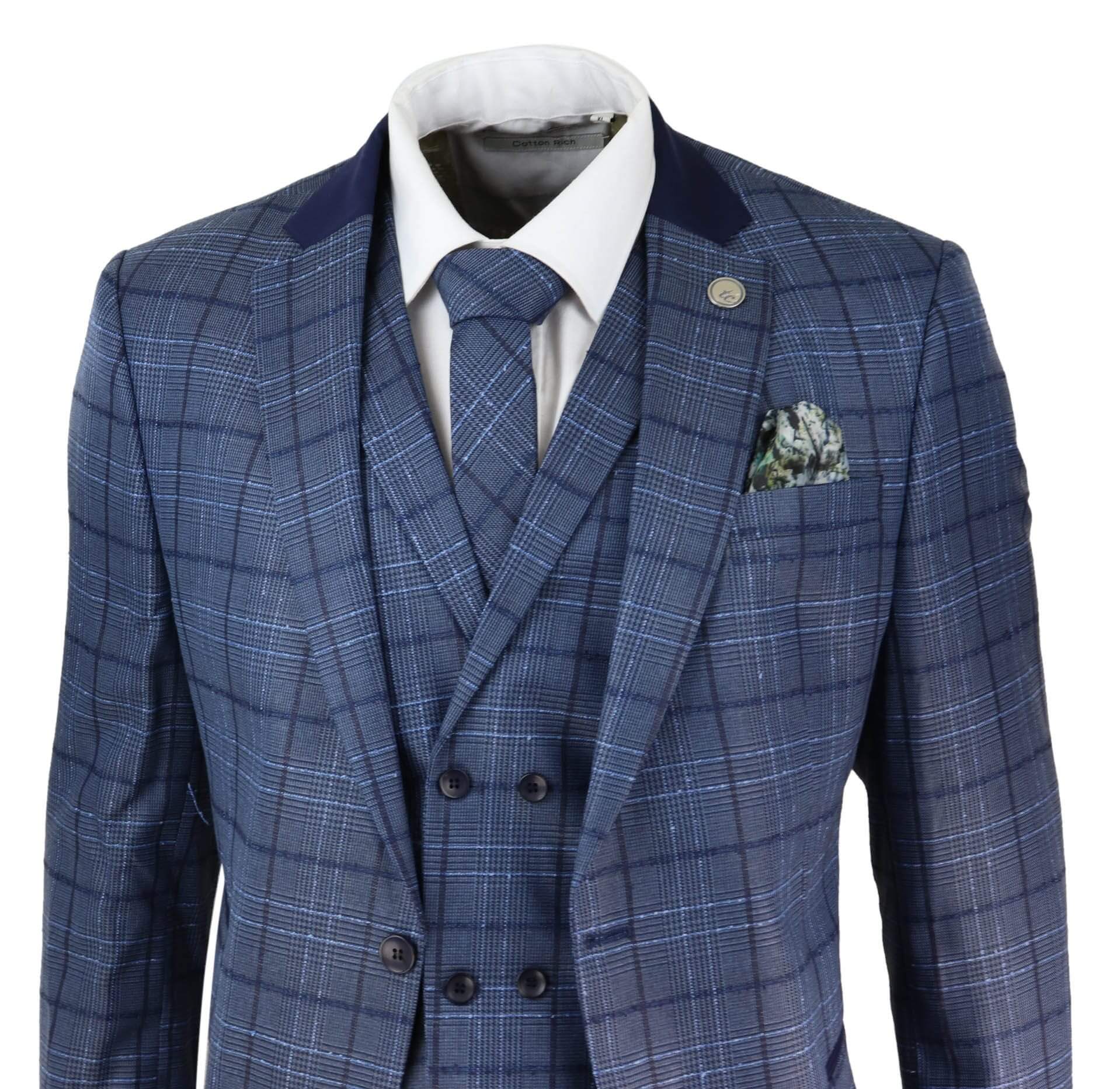 Mens Blue Check Tailored Fit Suit