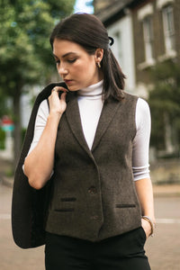 Womens Tweed Herringbone waistcoat Brown 1920s Vintage Tailored Classic Smart